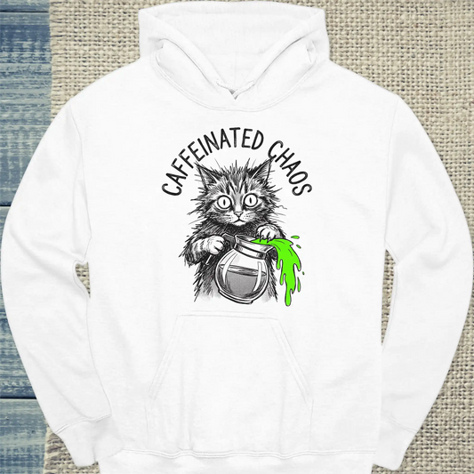 Hoodie - CAFFEINATED CHAOS - Unisex - Katze & Kaffee Weiß