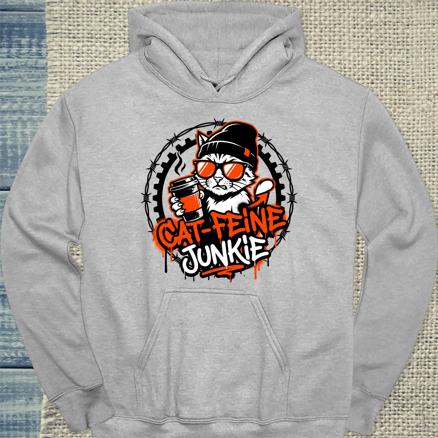 Hoodie - Cat-feine Junkie - Unisex - Katze & Kaffee Grau