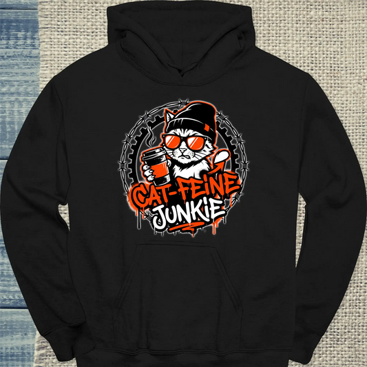 Hoodie - Cat-feine Junkie - Unisex - Katze & Kaffee Schwarz