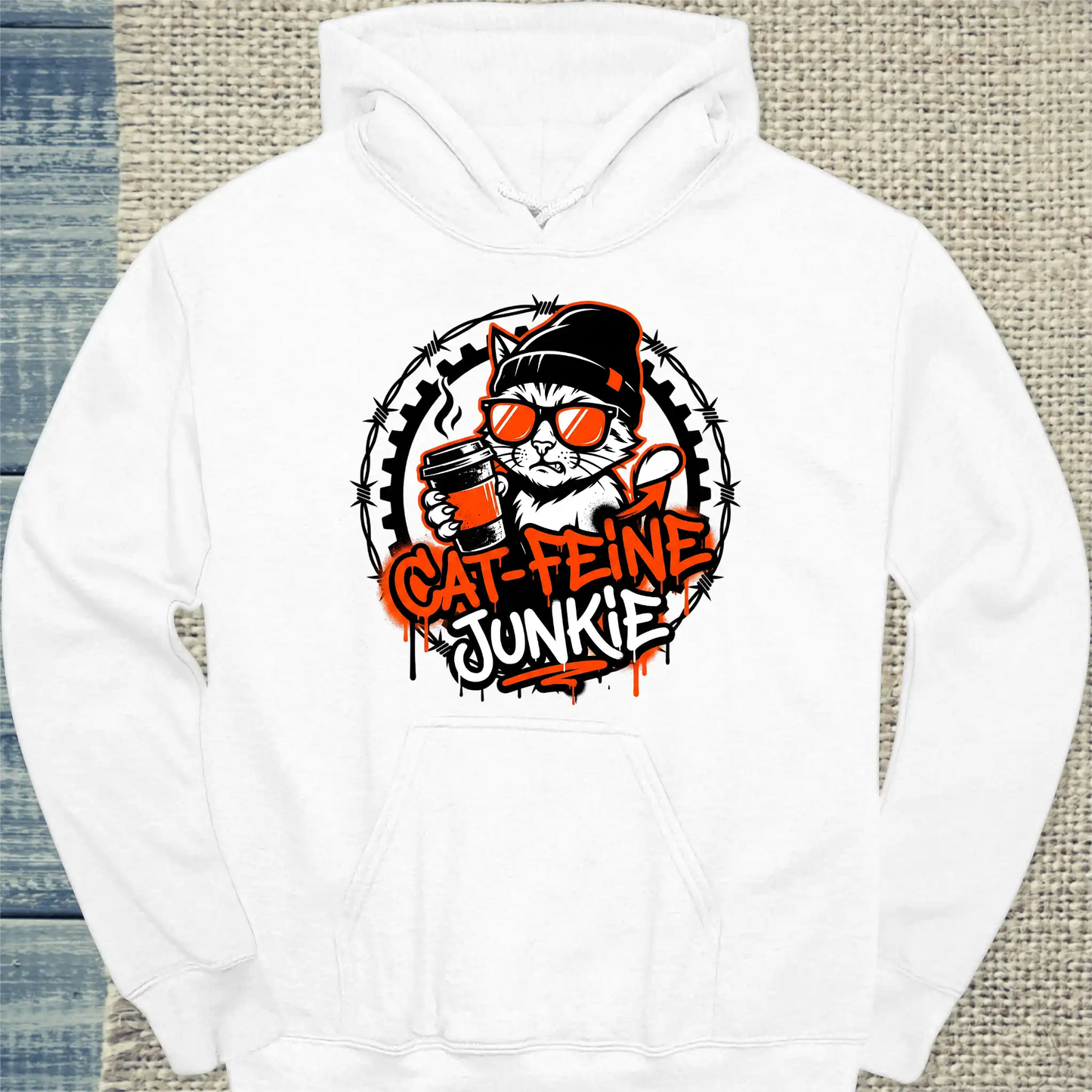 Hoodie - Cat-feine Junkie - Unisex - Katze & Kaffee Weiß