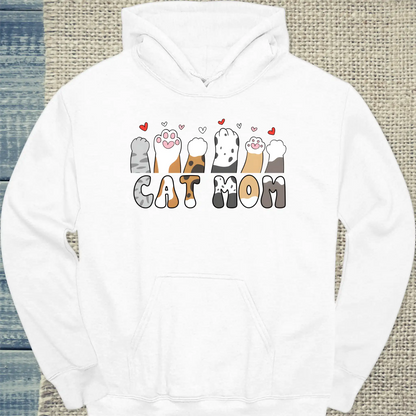 Hoodie - Cat Mom - Herzchen und Pfoten - Unisex - Katze, Cat Lady Weiß