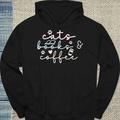 Hoodie - cats, books & coffee - Unisex - Katze, Kaffee Schwarz