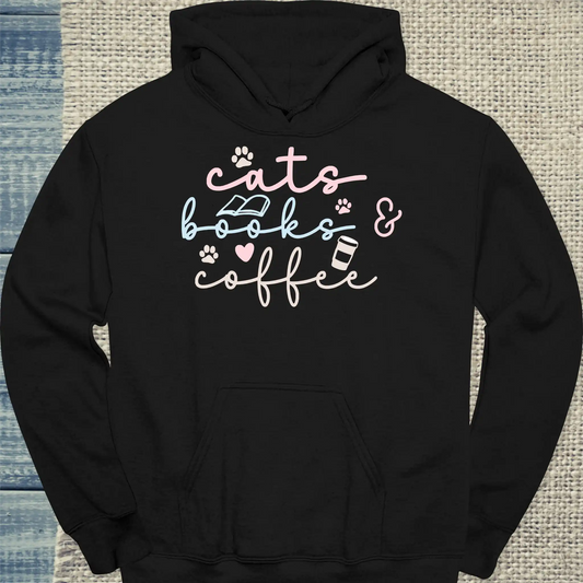 Hoodie - cats, books & coffee - Unisex - Katze, Kaffee Schwarz