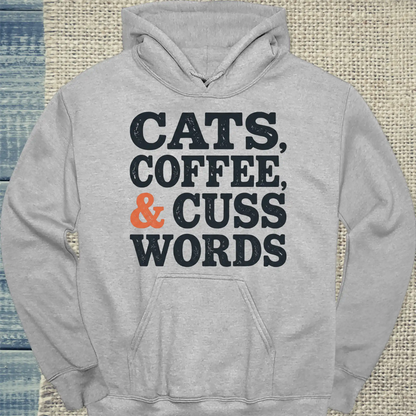 Hoodie - Cats, Coffee, and Cuss Words - Unisex - Katze Grau