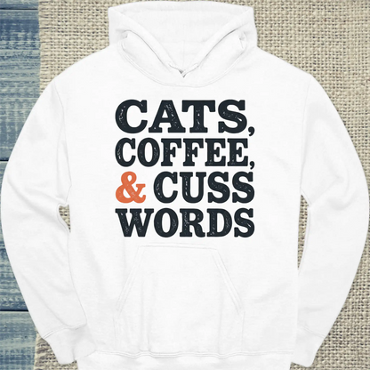 Hoodie - Cats, Coffee, and Cuss Words - Unisex - Katze Weiß