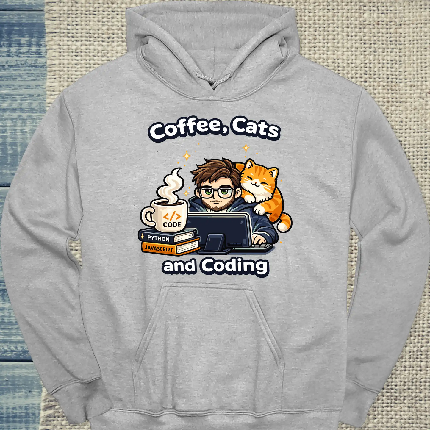 Hoodie - Coffee, Cats and Coding - Unisex - Katze & Kaffee, Cat Guy Grau