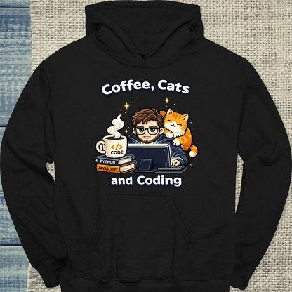 Hoodie - Coffee, Cats and Coding - Unisex - Katze & Kaffee, Cat Guy Schwarz