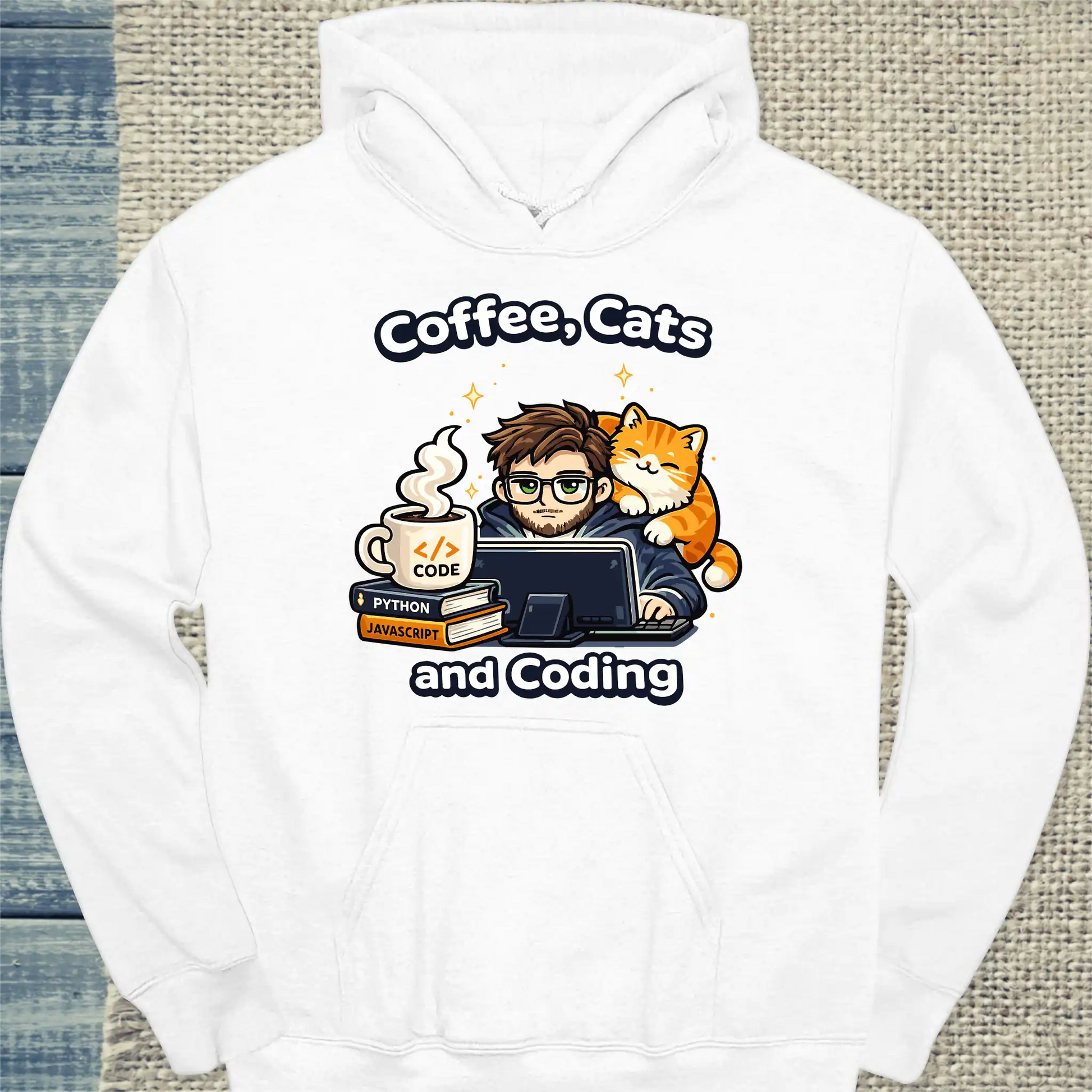 Hoodie - Coffee, Cats and Coding - Unisex - Katze & Kaffee, Cat Guy Weiß