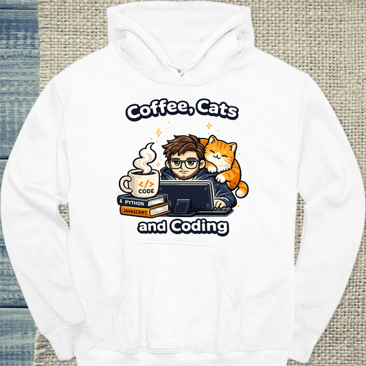 Hoodie - Coffee, Cats and Coding - Unisex - Katze & Kaffee, Cat Guy Weiß