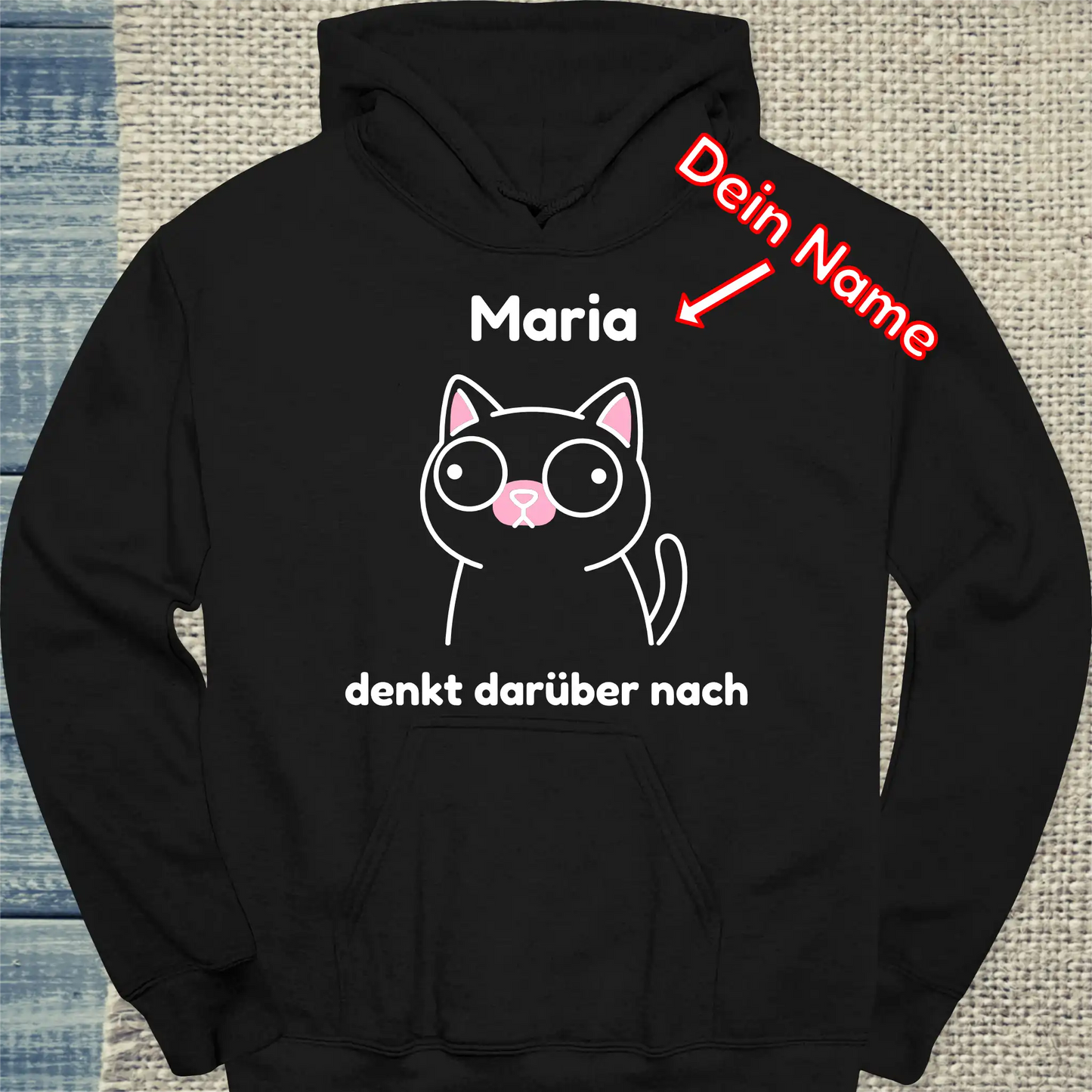 Hoodie - denkt darüber nach - Unisex - Katze, Personalisiert Schwarz