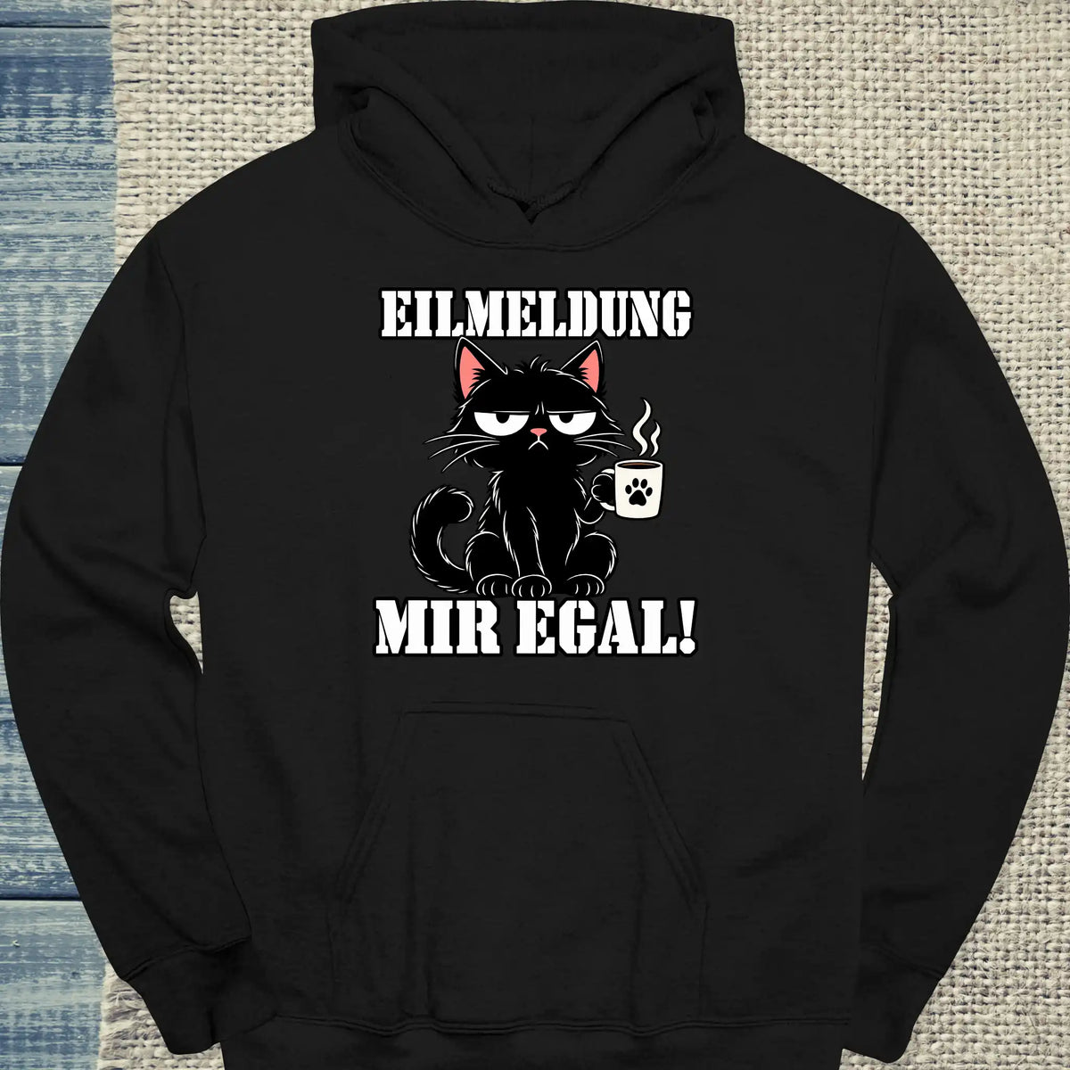 Hoodie - Eilmeldung Mir egal - Unisex - Katze & Kaffee Schwarz