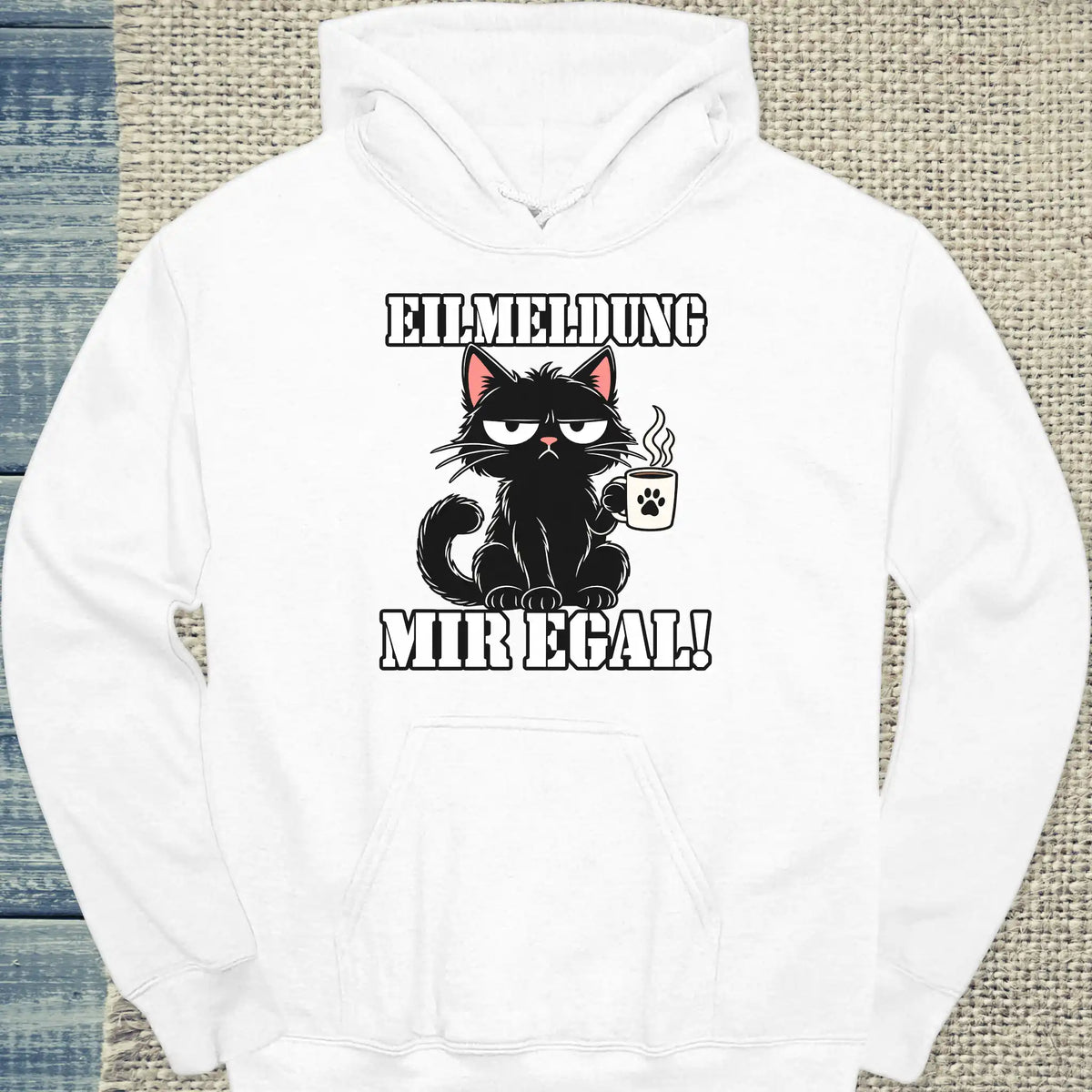 Hoodie - Eilmeldung Mir egal - Unisex - Katze & Kaffee Weiß