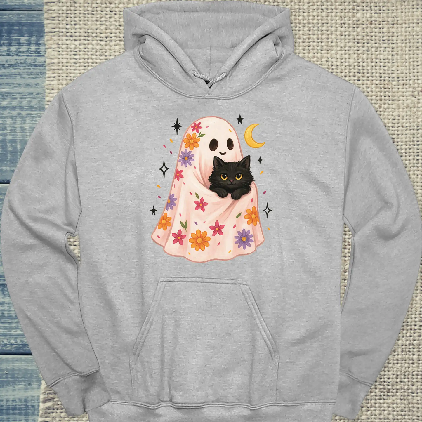 Hoodie - Floral Ghost - Unisex - Katze, Halloween Grau