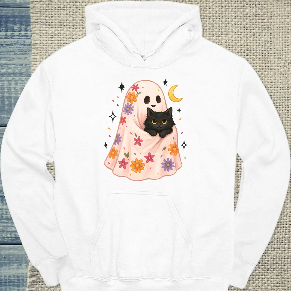Hoodie - Floral Ghost - Unisex - Katze, Halloween Weiß