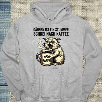 Hoodie - Gähnen ist ein stummer Schrei nach Kaffeee - Unisex - Katze Grau