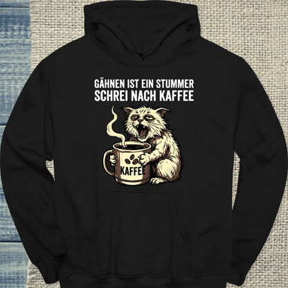 Hoodie - Gähnen ist ein stummer Schrei nach Kaffeee - Unisex - Katze Schwarz