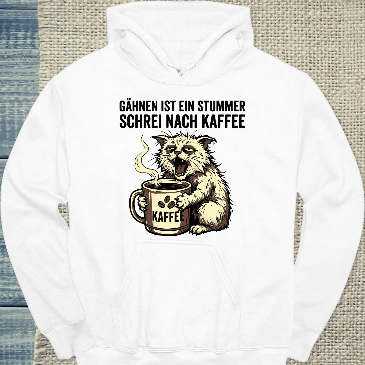 Hoodie - Gähnen ist ein stummer Schrei nach Kaffeee - Unisex - Katze Weiß