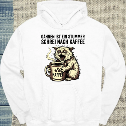Hoodie - Gähnen ist ein stummer Schrei nach Kaffeee - Unisex - Katze Weiß