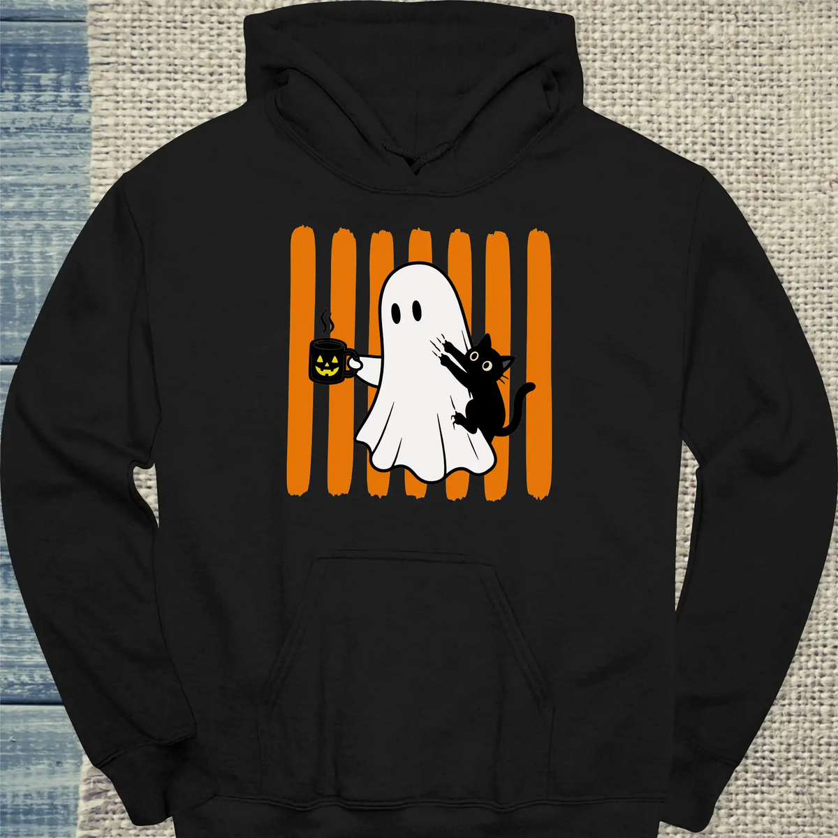 Hoodie - Geist und Katze - Unisex - Katze & Kaffee, Halloween Schwarz