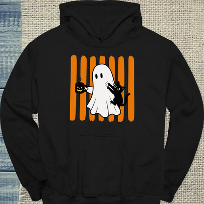 Hoodie - Geist und Katze - Unisex - Katze & Kaffee, Halloween Schwarz