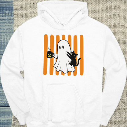 Hoodie - Geist und Katze - Unisex - Katze & Kaffee, Halloween Weiß