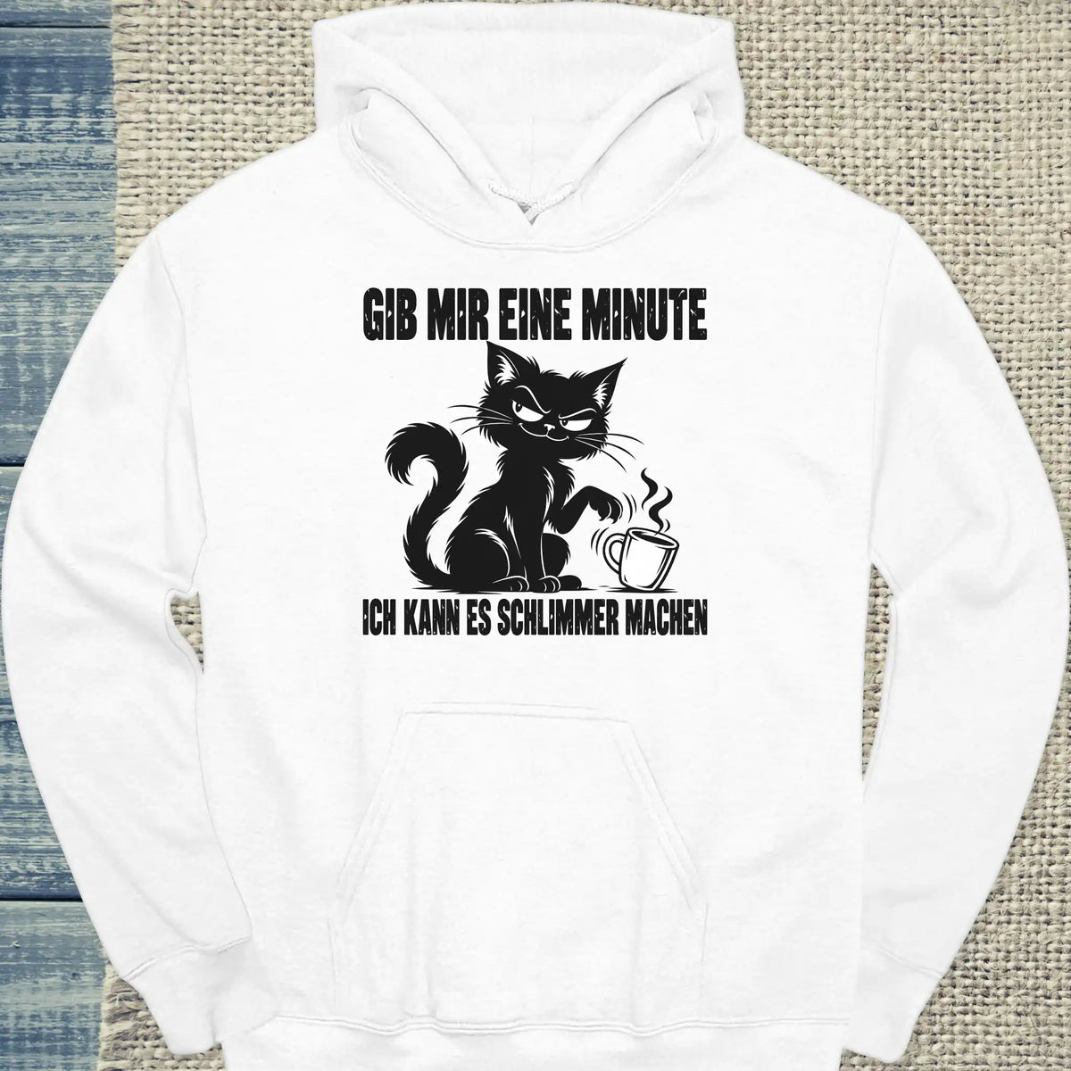 Hoodie - Gib mir eine Minute - Unisex - Katze & Kaffee Weiß
