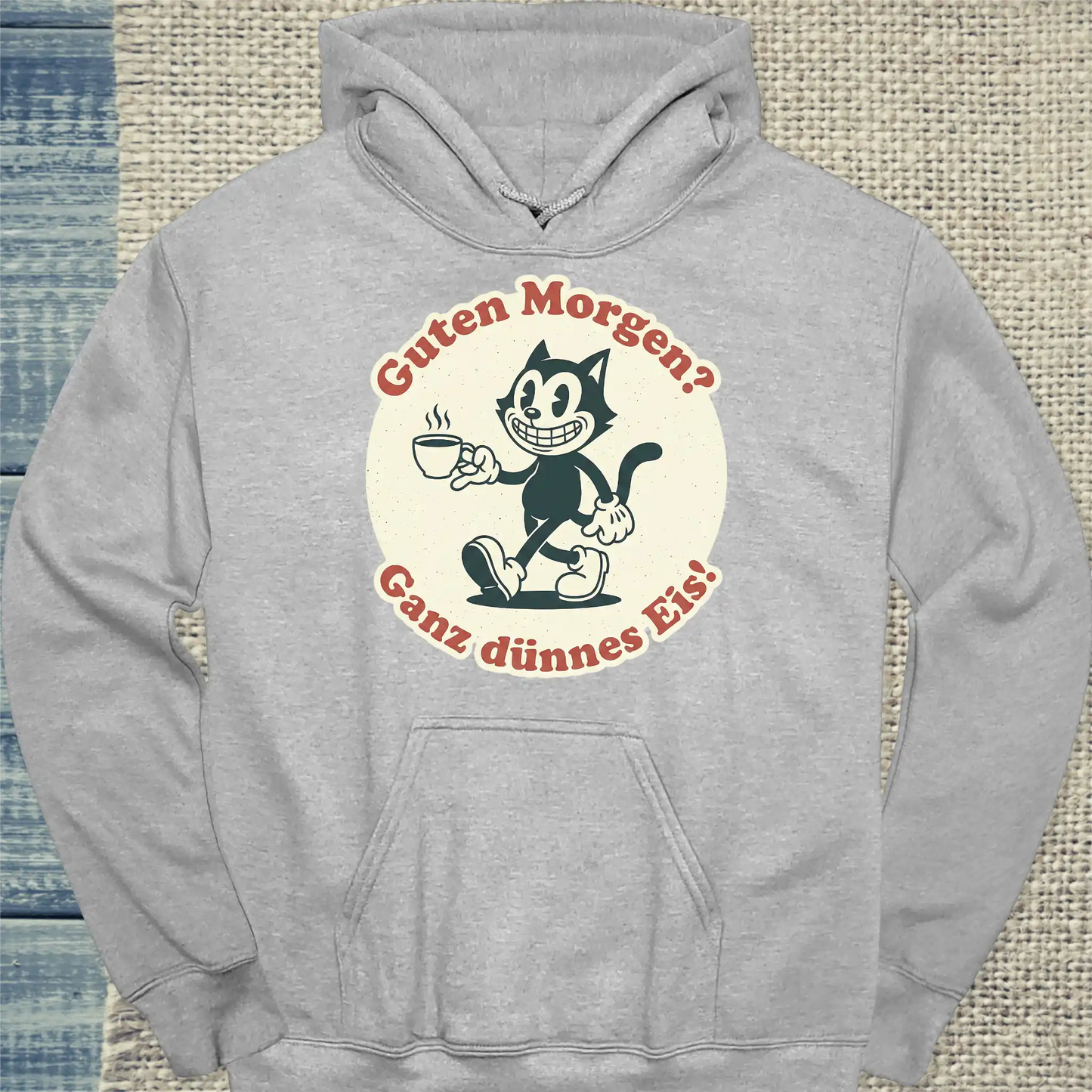 Hoodie - Guten Morgen? Ganz dünnes Eis! Streetware - Unisex - Katze, Kaffee Grau
