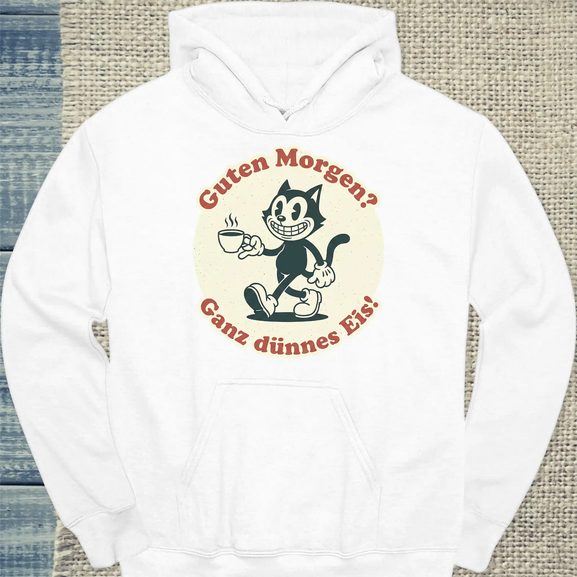 Hoodie - Guten Morgen? Ganz dünnes Eis! Streetware - Unisex - Katze, Kaffee Weiß