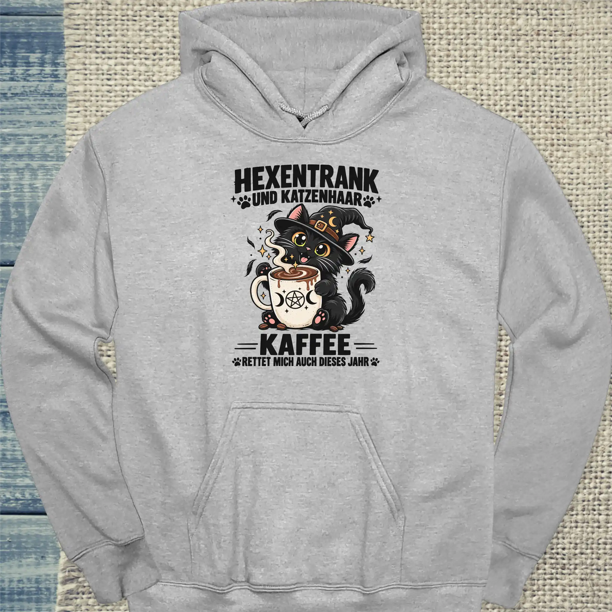 Hoodie - Hexentrank und Katzenhaar - Unisex - Katze & Kaffee, Halloween Grau