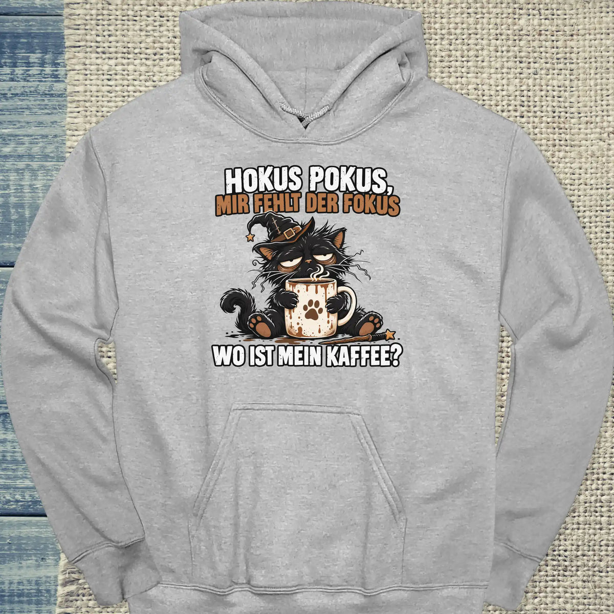 Hoodie - Hokus Fokus - Unisex - Katze & Kaffee, Halloween Grau