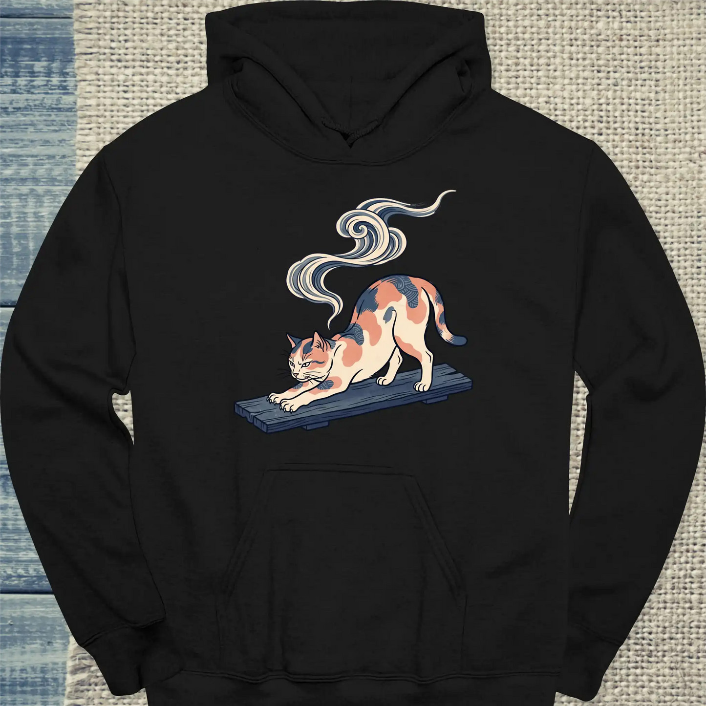 Hoodie - Hokusai at Dawn - Unisex - Katze & Kaffee, Kunst Schwarz