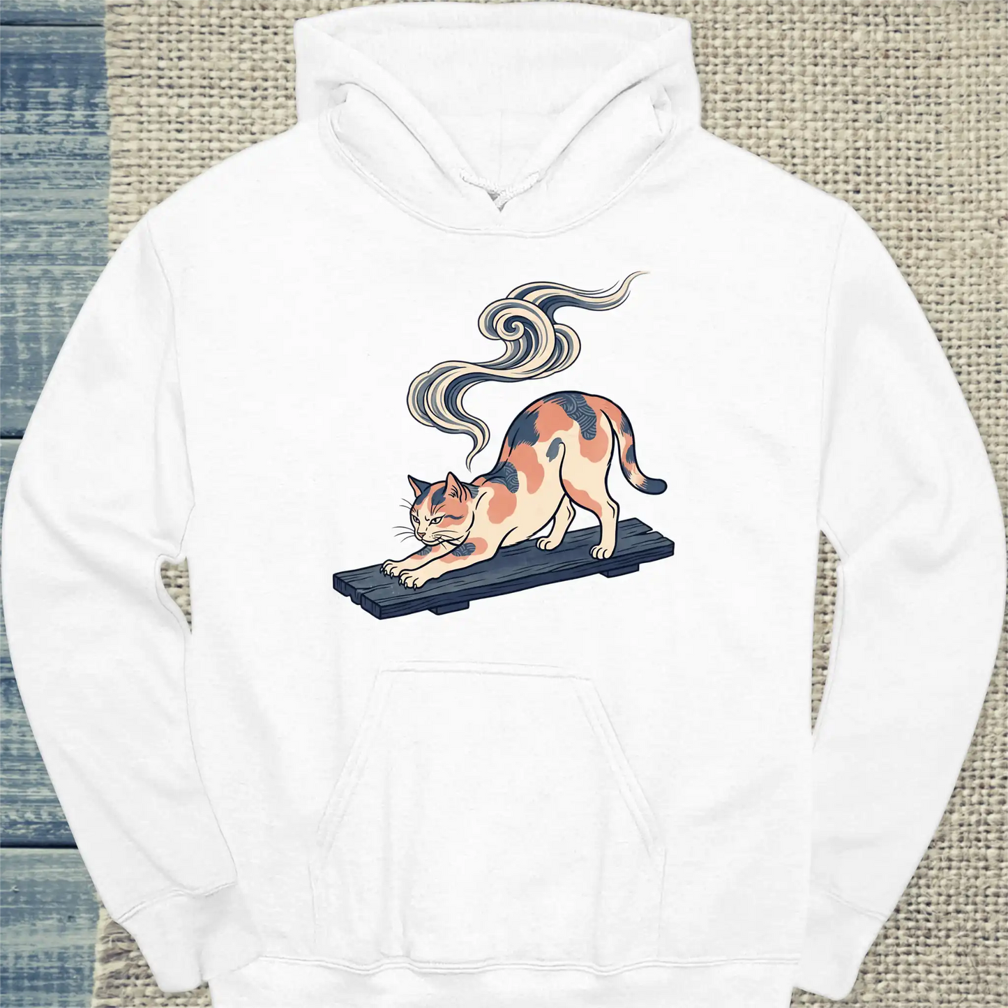 Hoodie - Hokusai at Dawn - Unisex - Katze & Kaffee, Kunst Weiß