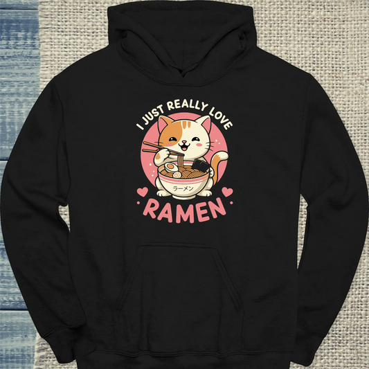 Hoodie - I Just Really Love Ramen - Unisex - Katze, Ramen Schwarz