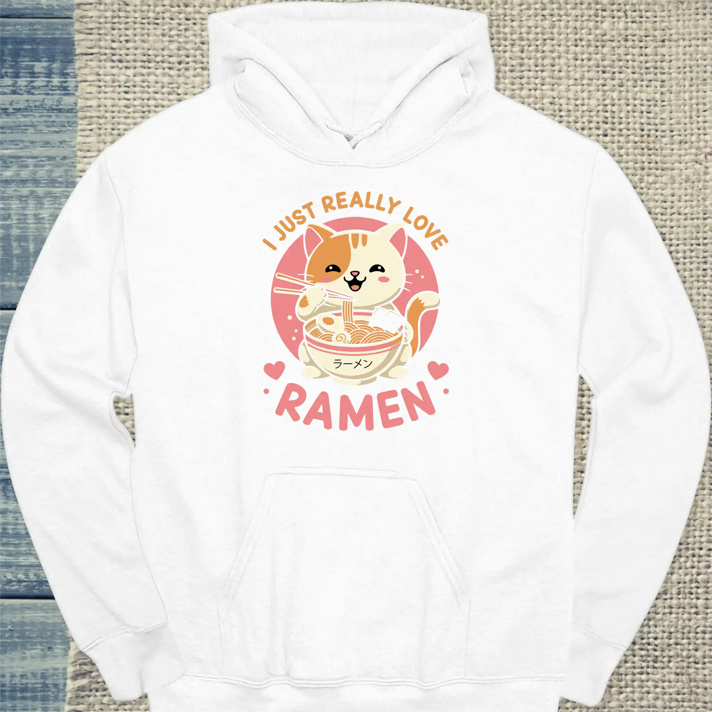 Hoodie - I Just Really Love Ramen - Unisex - Katze, Ramen Weiß
