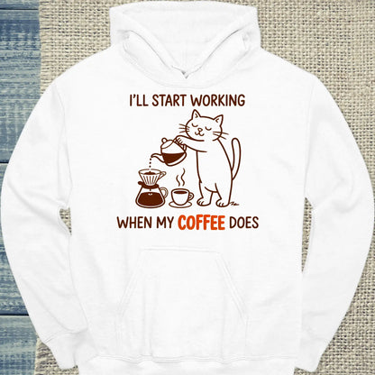 Hoodie - I'll start working, when my Coffee does - Unisex - Katze & Kaffee Weiß