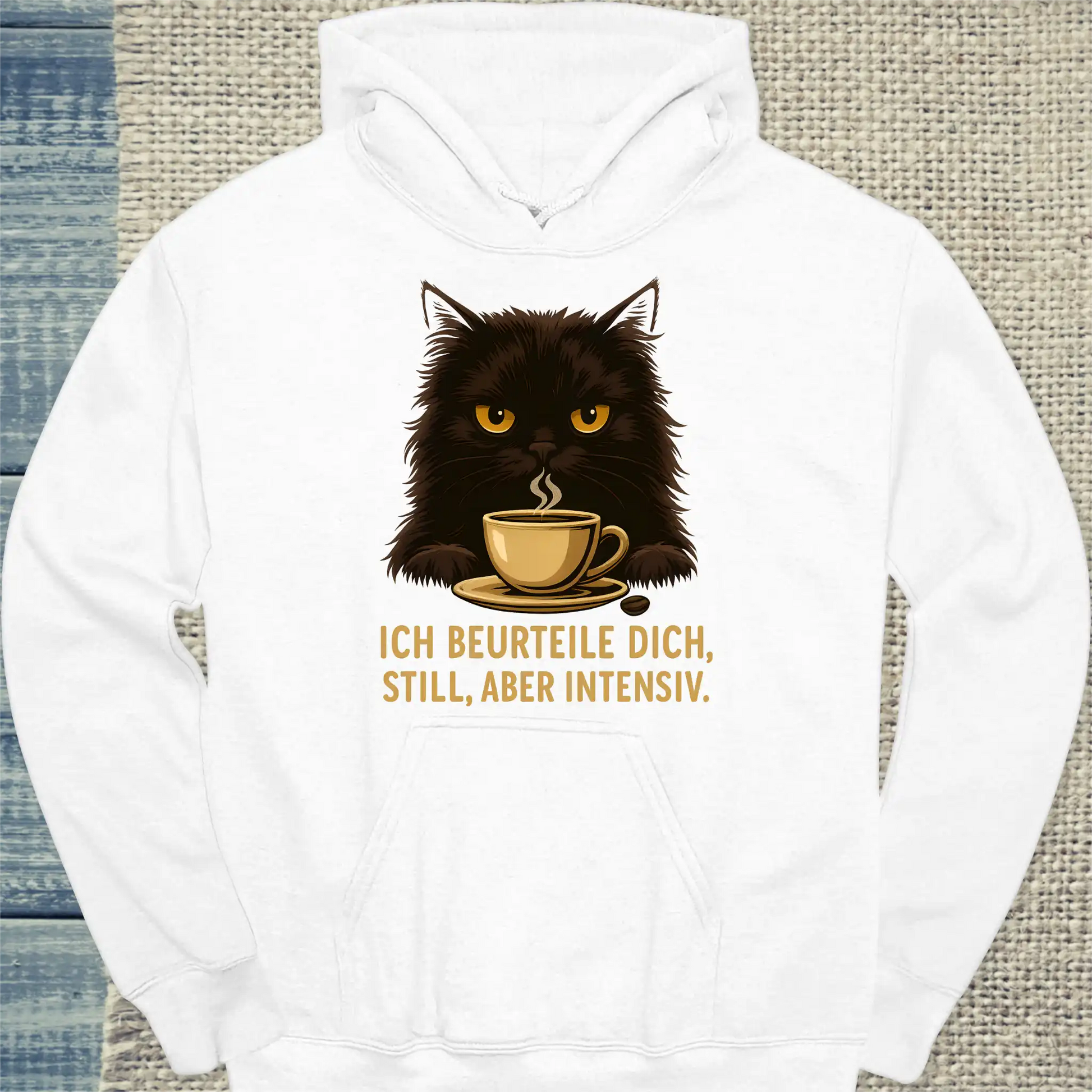 Hoodie - Ich beurteile dich. Still, aber intensiv. - Unisex - Katze, Kaffee Weiß