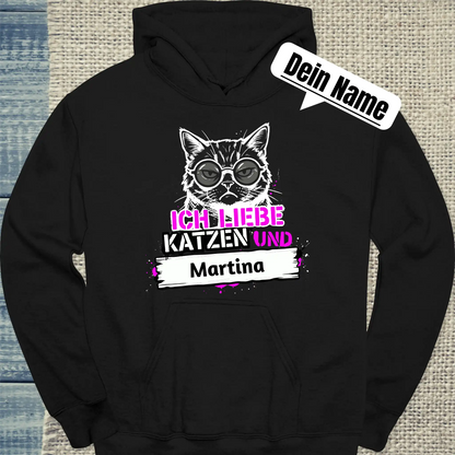 Hoodie - Ich liebe Katzen und - Unisex - Katze, Personalisiert Schwarz