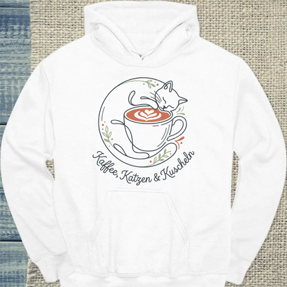 Hoodie - Kaffee Katzen Kuscheln - Unisex - Katze & Kaffee Weiß