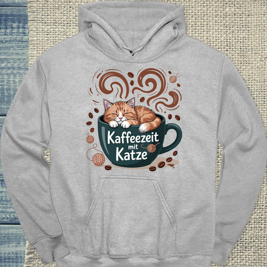 Hoodie - Kaffeezeit mit Katze - Unisex - Katze & Kaffee Grau