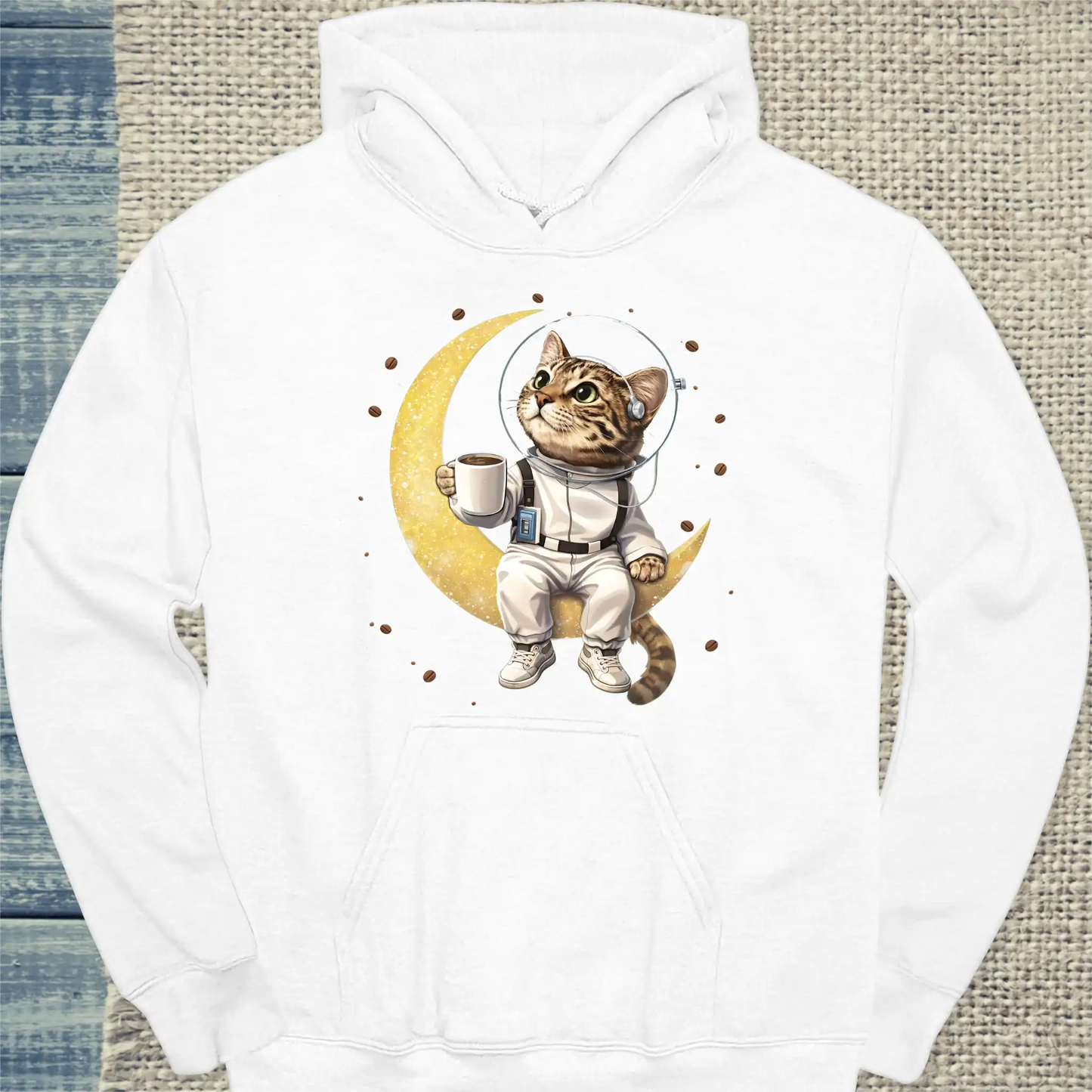 Hoodie - Katze am Mond - Unisex - Katze Weiß