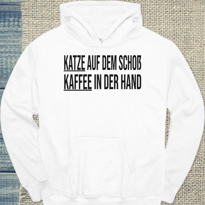 Hoodie - Katze auf dem Schoß. Kaffee in der Hand. - Unisex - Katze & Kaffee Weiß