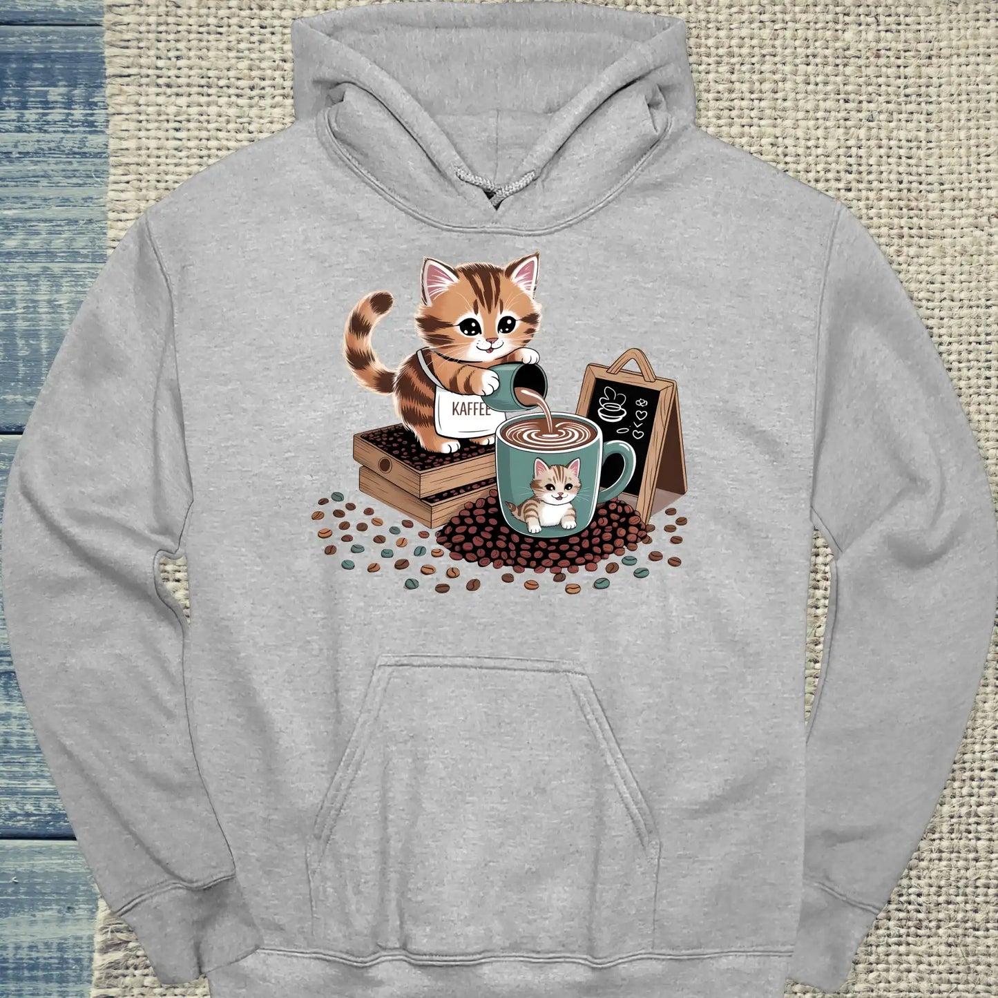 Hoodie - Katze schenkt Kaffee aus - Unisex - Katze & Kaffee Grau