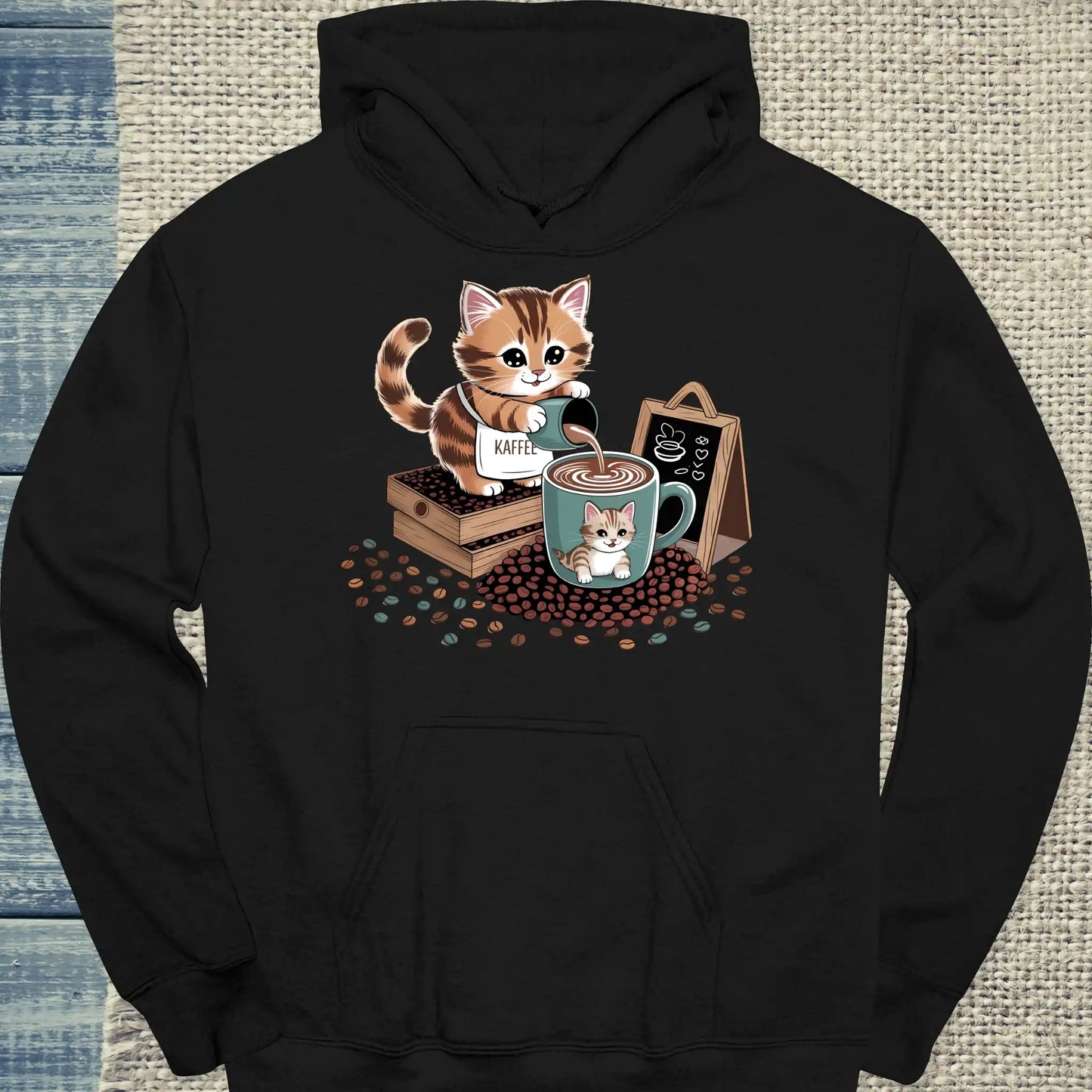 Hoodie - Katze schenkt Kaffee aus - Unisex - Katze & Kaffee Schwarz