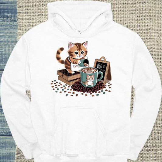 Hoodie - Katze schenkt Kaffee aus - Unisex - Katze & Kaffee Weiß