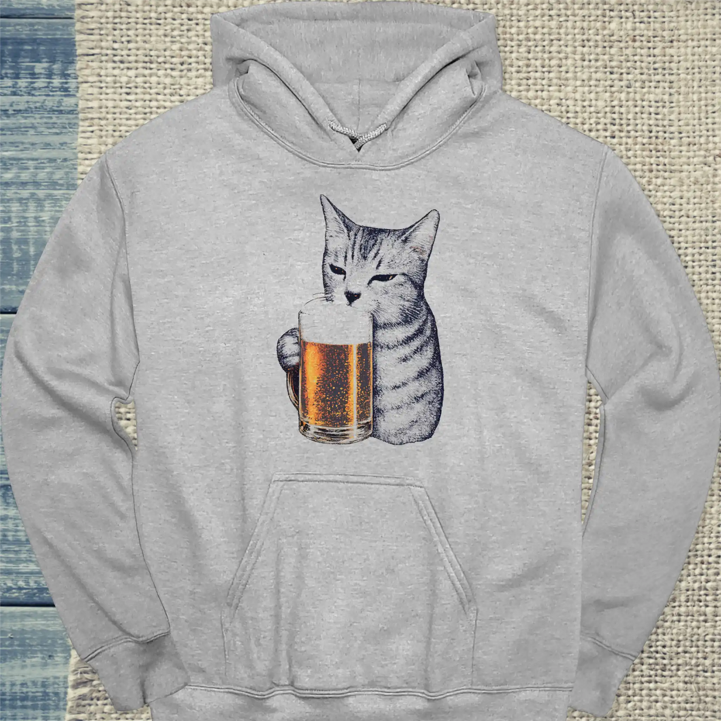Hoodie - Katze trinkt Bier - Unisex - Katze Grau