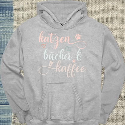 Hoodie - Katzen, Bücher & Kaffee - Unisex - Katze, Kaffee Grau