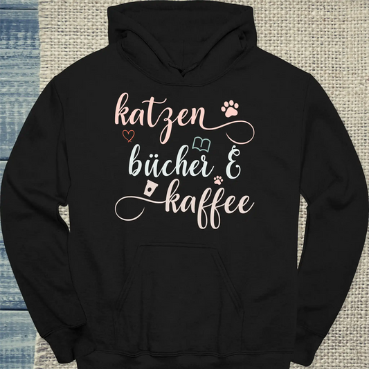 Hoodie - Katzen, Bücher & Kaffee - Unisex - Katze, Kaffee Schwarz