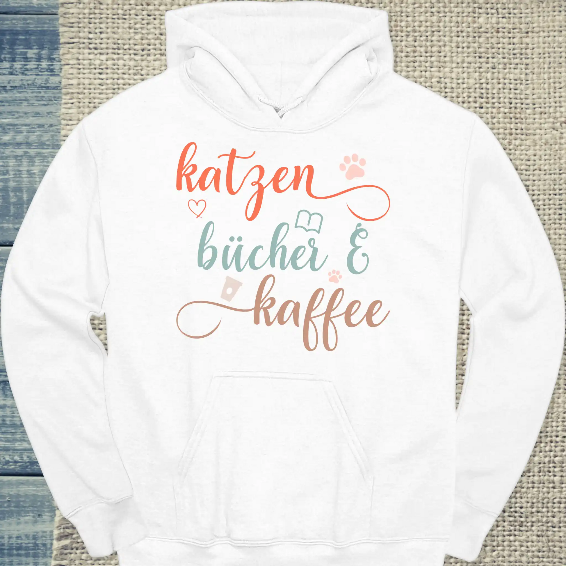 Hoodie - Katzen, Bücher & Kaffee - Unisex - Katze, Kaffee Weiß