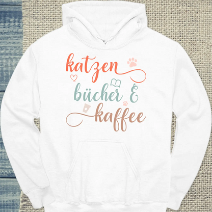 Hoodie - Katzen, Bücher & Kaffee - Unisex - Katze, Kaffee Weiß