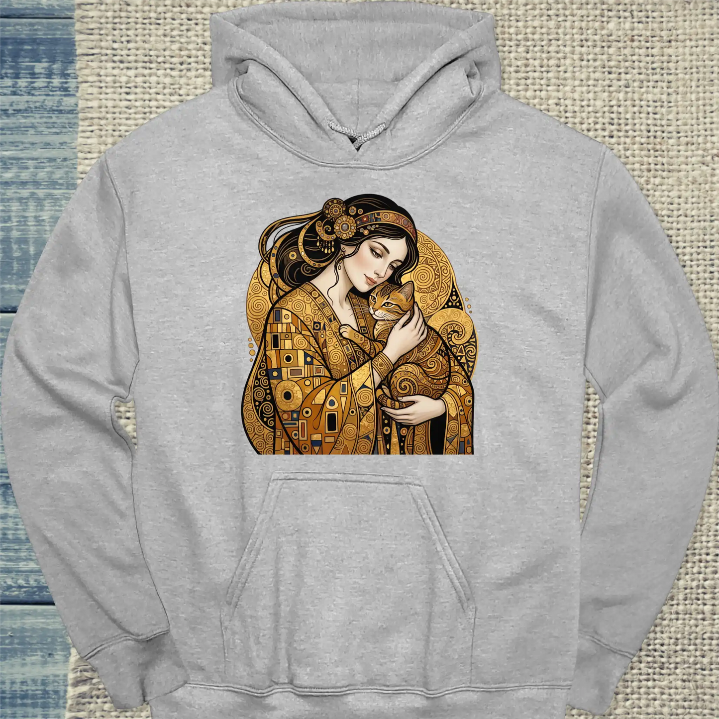 Hoodie - Klimt Cat Lady - Unisex - Katze & Kaffee, Kunst Grau